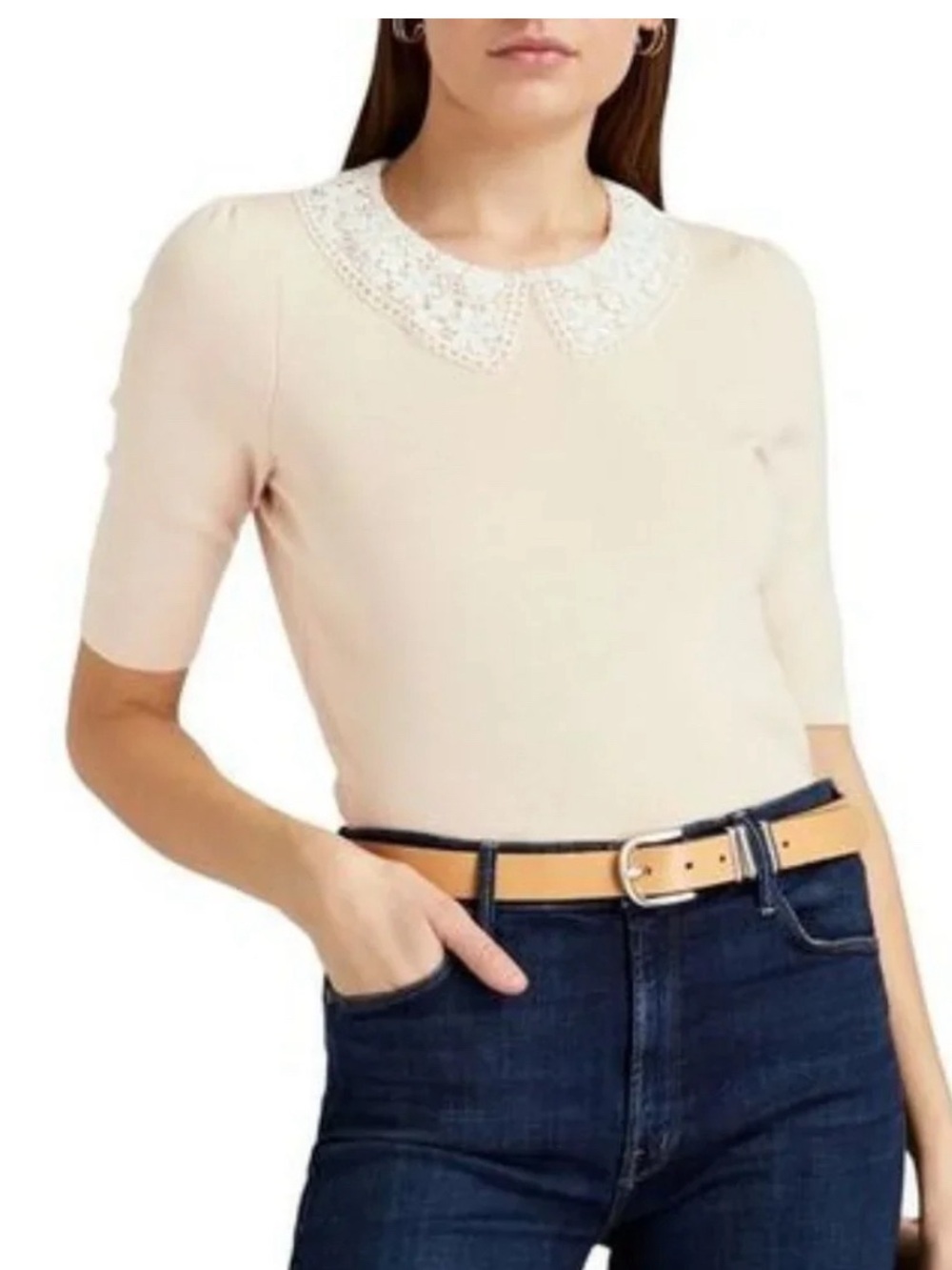 Maje Cream Short-Sleeve Knit Top with Lace Collar